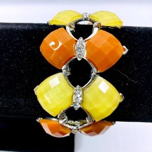 Vintage Stretch Beaded Bracelet Silver Tone Brown Yellow Faceted Gems Rhinestone